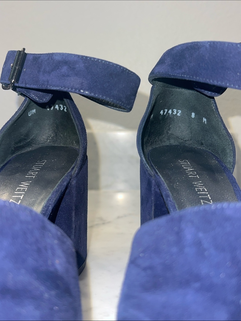 Stuart Weitzman Navy Suede Open-Toe Block Heel Sandals - Picture 6 of 7